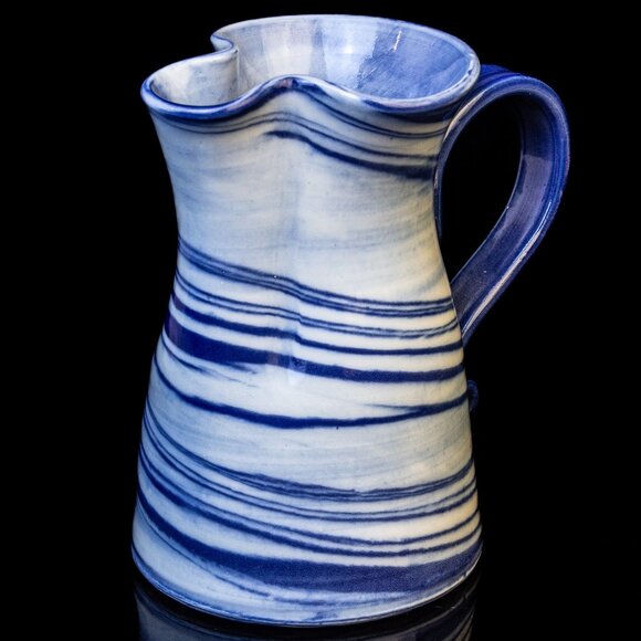 Handcrafted Blue & White Ceramic Pitcher With Swirl Design - Unique Wavy Rim - Picture 8 of 8